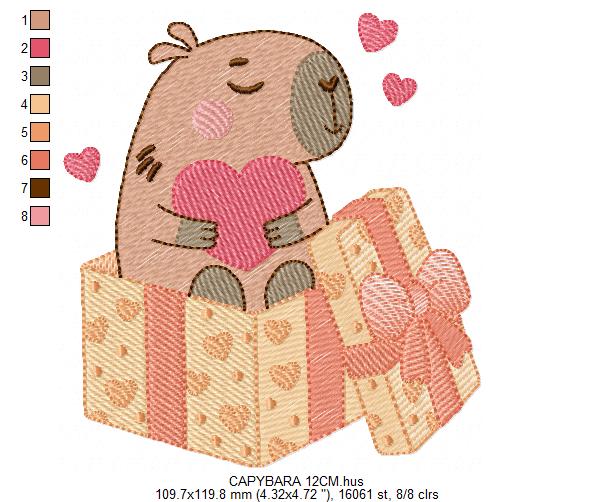 Capybara embroidery designs - Water river animal machine embroidery pattern - Baby boy and girl big guinea pig with heart file - Instant download pes jef dst