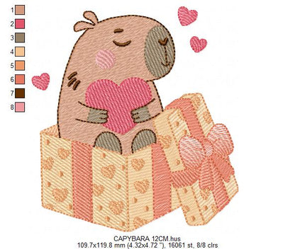 Capybara embroidery designs - Water river animal machine embroidery pattern - Baby boy and girl big guinea pig with heart file - Instant download pes jef dst