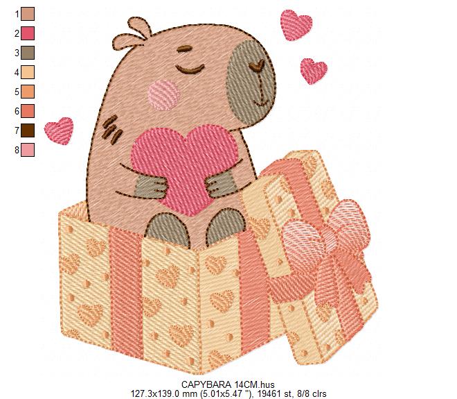 Capybara embroidery designs - Water river animal machine embroidery pattern - Baby boy and girl big guinea pig with heart file - Instant download pes jef dst