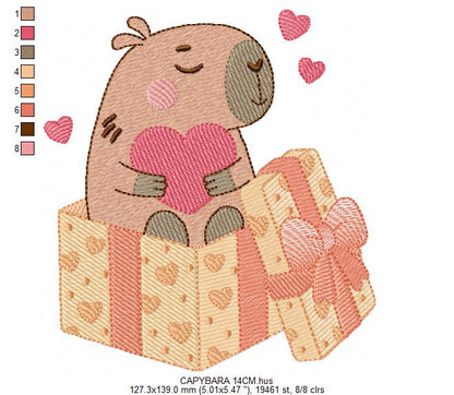 Capybara embroidery designs - Water river animal machine embroidery pattern - Baby boy and girl big guinea pig with heart file - Instant download pes jef dst