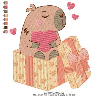 Capybara embroidery designs - Water river animal machine embroidery pattern - Baby boy and girl big guinea pig with heart file - Instant download pes jef dst