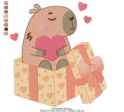 Capybara embroidery designs - Water river animal machine embroidery pattern - Baby boy and girl big guinea pig with heart file - Instant download pes jef dst