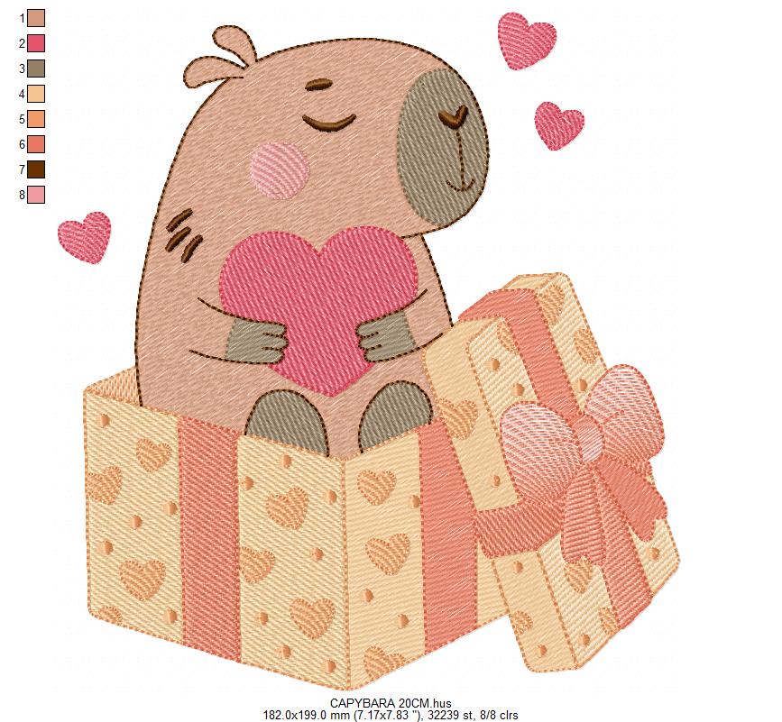 Capybara embroidery designs - Water river animal machine embroidery pattern - Baby boy and girl big guinea pig with heart file - Instant download pes jef dst