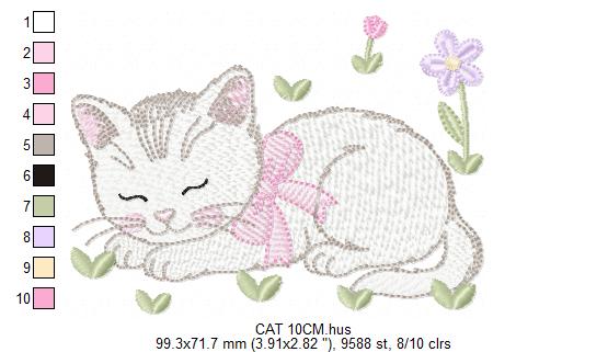 Female Sleeping Cat with flowers embroidery design - Female Kitty with flowers machine embroidery pattern - Baby girl file - Instant digital download