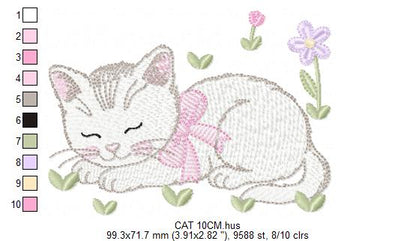 Female Sleeping Cat with flowers embroidery design - Female Kitty with flowers machine embroidery pattern - Baby girl file - Instant digital download