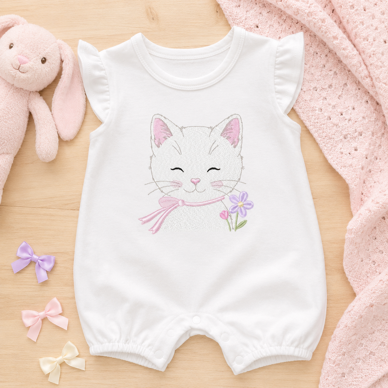Female Cat with flowers embroidery design - Female Kitty with flowers machine embroidery pattern - Baby girl file - Instant digital download