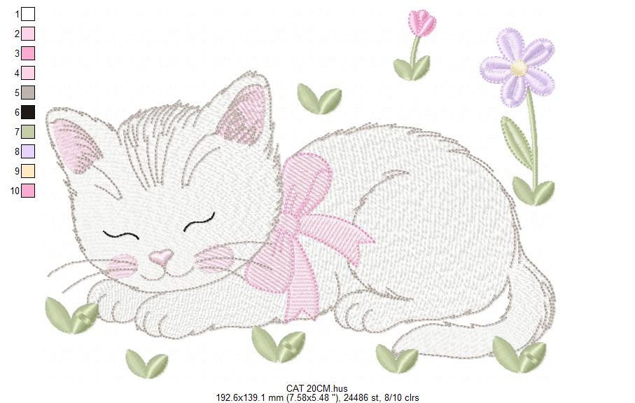 Female Sleeping Cat with flowers embroidery design - Female Kitty with flowers machine embroidery pattern - Baby girl file - Instant digital download