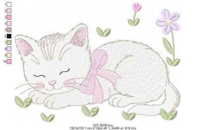 Female Sleeping Cat with flowers embroidery design - Female Kitty with flowers machine embroidery pattern - Baby girl file - Instant digital download