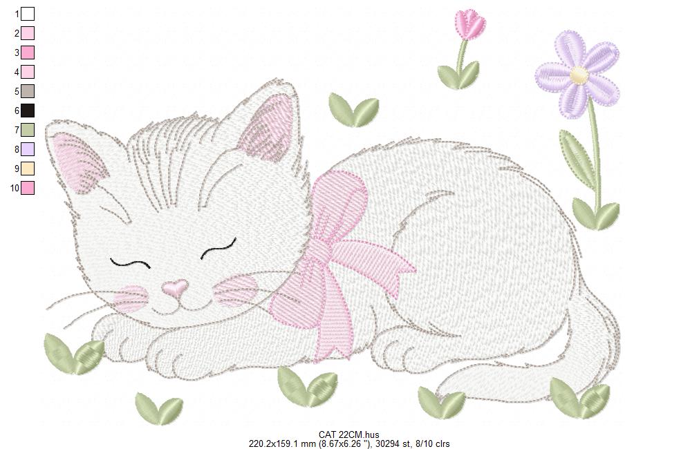 Female Sleeping Cat with flowers embroidery design - Female Kitty with flowers machine embroidery pattern - Baby girl file - Instant digital download