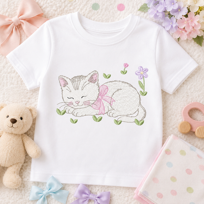 Female Sleeping Cat with flowers embroidery design - Female Kitty with flowers machine embroidery pattern - Baby girl file - Instant digital download