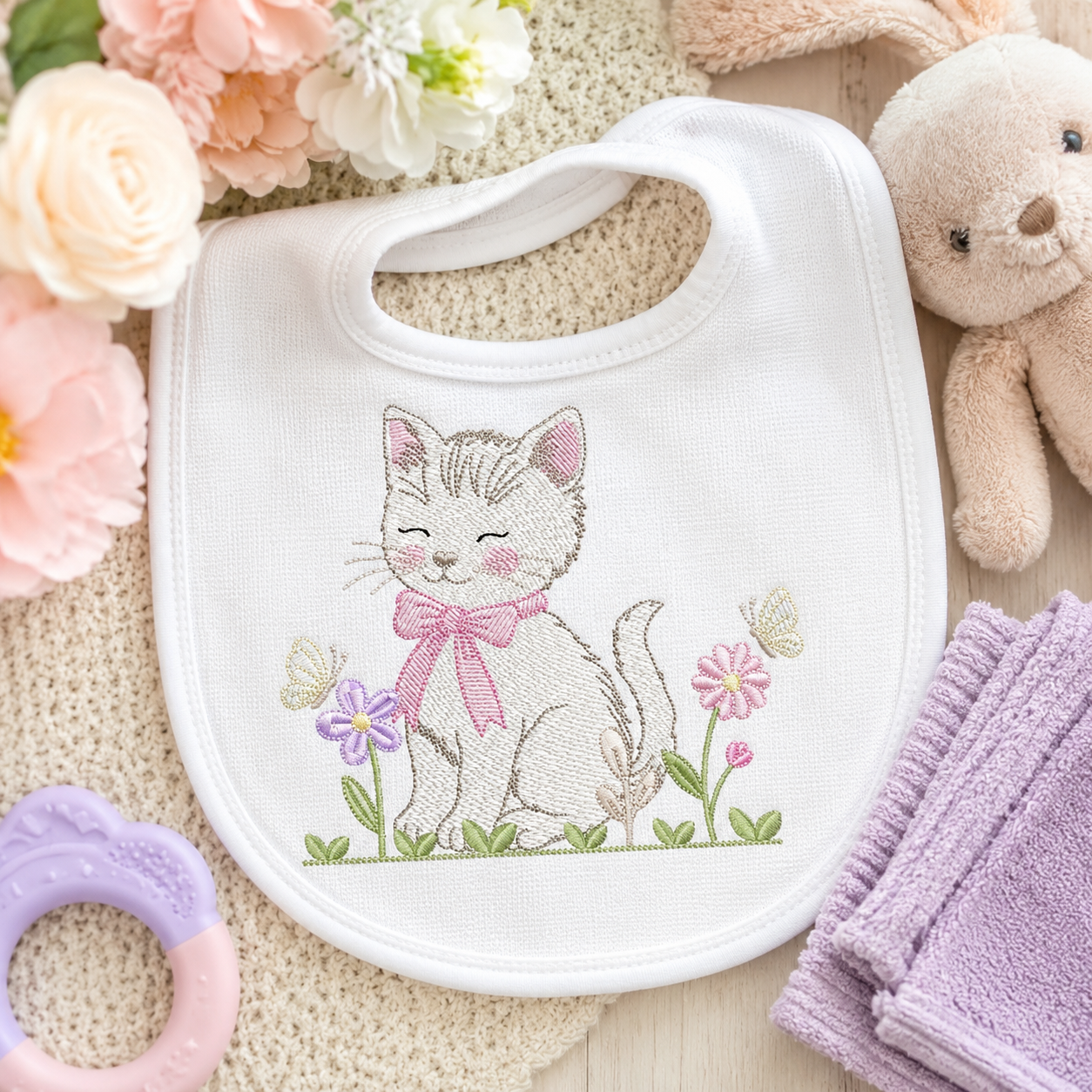 Female Cat with flowers embroidery design - Female Kitty with flowers machine embroidery pattern - Baby girl file - Instant digital download (Copy)