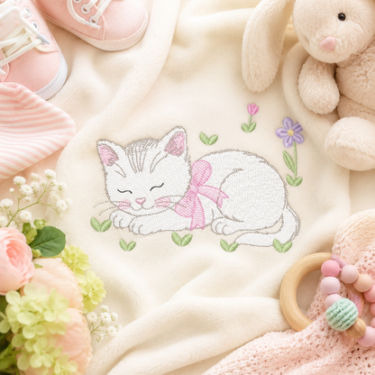 Female Sleeping Cat with flowers embroidery design - Female Kitty with flowers machine embroidery pattern - Baby girl file - Instant digital download