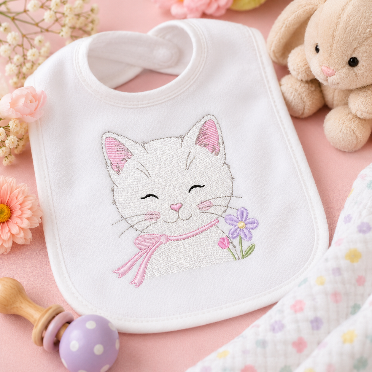 Female Cat with flowers embroidery design - Female Kitty with flowers machine embroidery pattern - Baby girl file - Instant digital download
