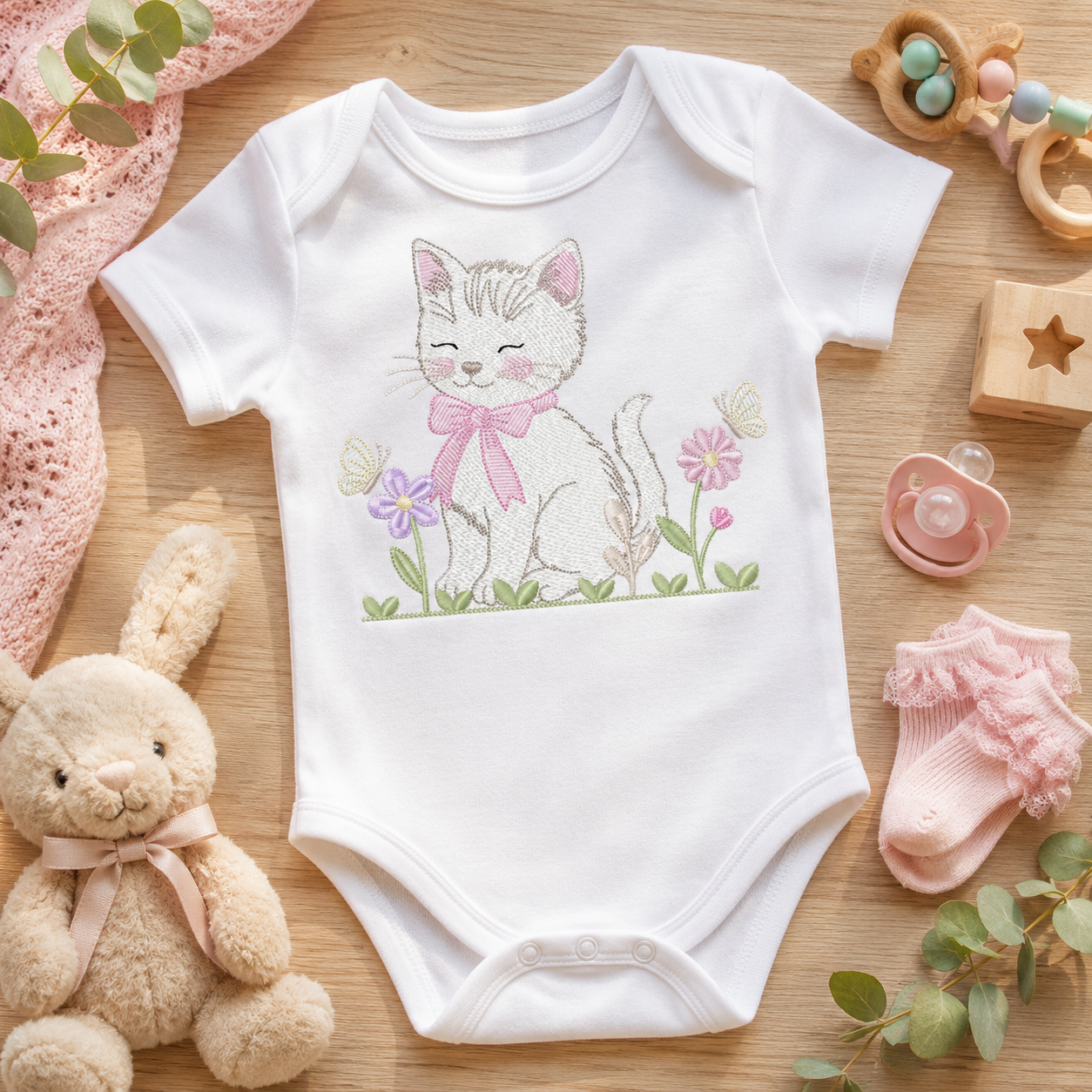 Female Cat with flowers embroidery design - Female Kitty with flowers machine embroidery pattern - Baby girl file - Instant digital download (Copy)