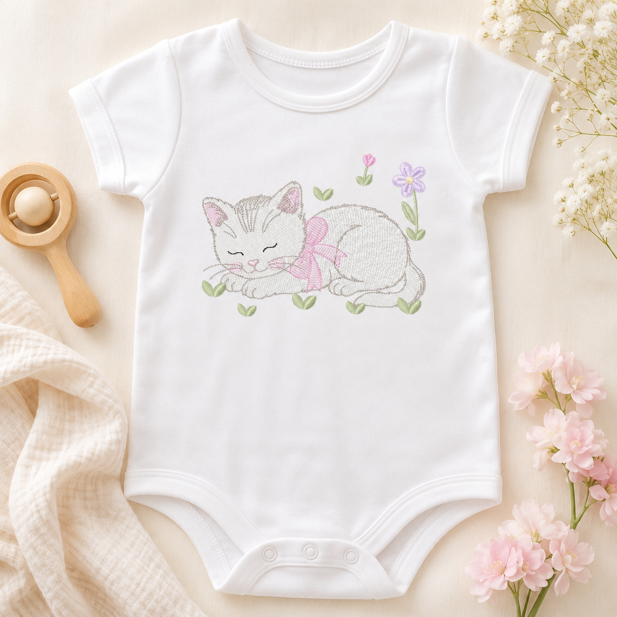 Female Sleeping Cat with flowers embroidery design - Female Kitty with flowers machine embroidery pattern - Baby girl file - Instant digital download