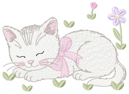 Female Sleeping Cat with flowers embroidery design - Female Kitty with flowers machine embroidery pattern - Baby girl file - Instant digital download