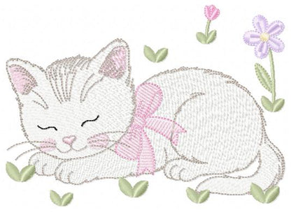 Female Sleeping Cat with flowers embroidery design - Female Kitty with flowers machine embroidery pattern - Baby girl file - Instant digital download
