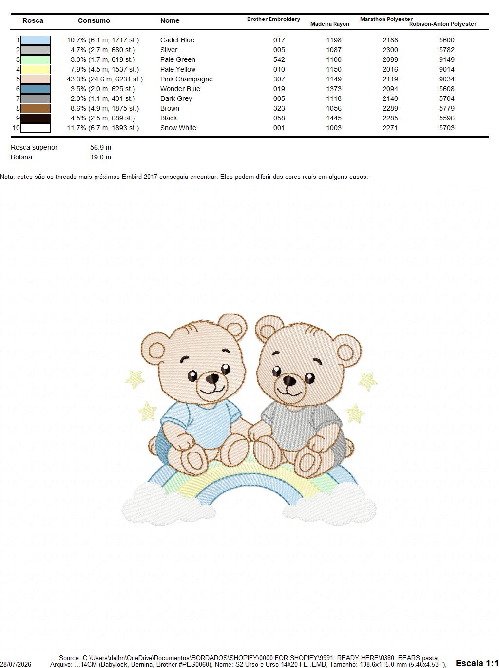 Baby Bear Brothers embroidery design - Baby boy Bear with rainbow machine pattern - Cute Teddy Bear (Digital download)