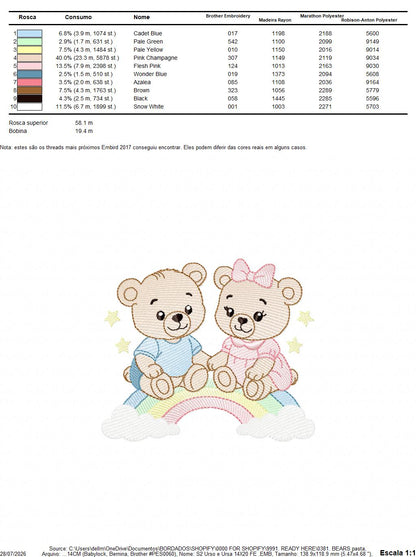 Baby Bear embroidery design - Brother and Sister with rainbow machine pattern - Cute Teddy Bear (Digital download)
