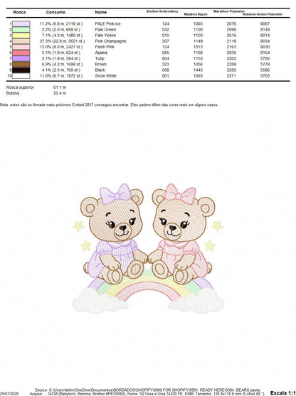 Baby Bear embroidery design - Bear sisters with rainbow machine pattern - Cute Teddy Bear (Digital download)
