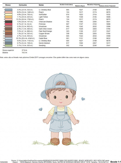 Boy with cap embroidery design - Baby Boy with overall and hearts machine embroidery pattern -  Instant digital download pes jef dst hus vp3