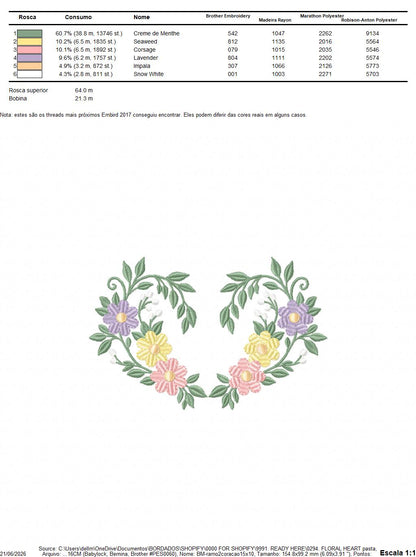 Floral heart embroidery design - Heart with flowers frame machine embroidery pattern - Baby girl file - Instant digital download pes jef (Copy) Marcia Embroidery