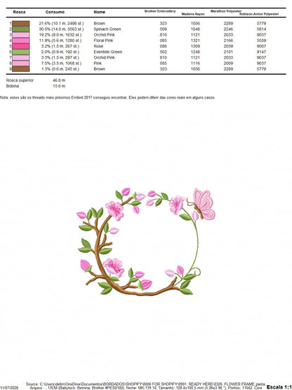 Floral Monogram frame embroidery design - Flower and Butterfly machine embroidery pattern - Floral Kitchen Towel - Instant digital download pes jef