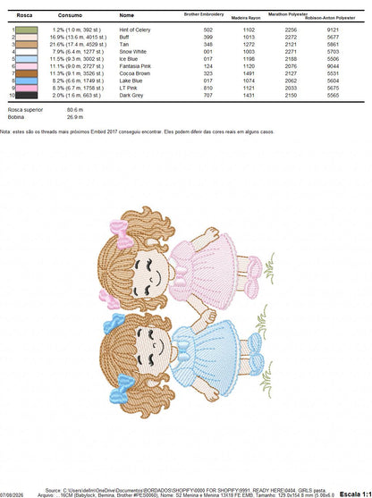 Baby girl embroidery design - Sisters machine embroidery pattern - Girl with long hair - instant download