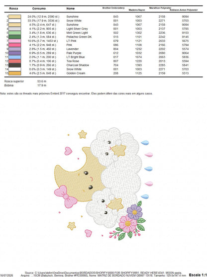 Moon with stars hearts and flowers embroidery design - Baby Girl Half moon machine embroidery pattern - Instant digital download pes jef hus