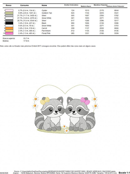Girls Racoons embroidery designs - Woodland Forest Animal machine embroidery pattern - Raccoon Sisters - Instant download