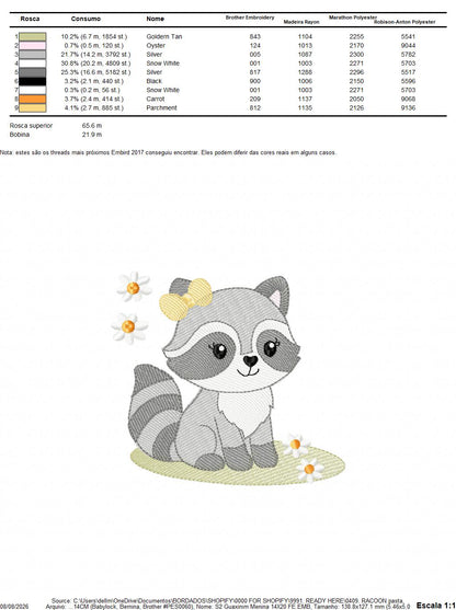 Baby Girl Racoon embroidery design - Woodland Forest Animal machine embroidery pattern - Raccoon with flowers - Instant download