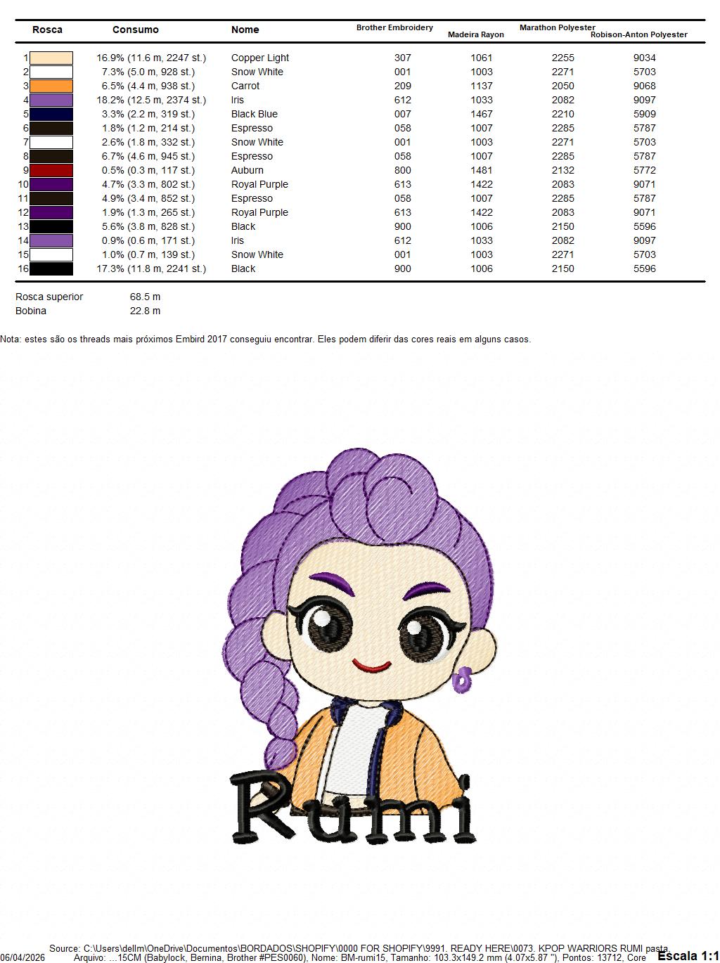 Rumi KPop Demon Hunters embroidery design - Kpop Warriors machine embroidery patterns - Baby girl file - Instant digital download (Copy) Marcia Embroidery
