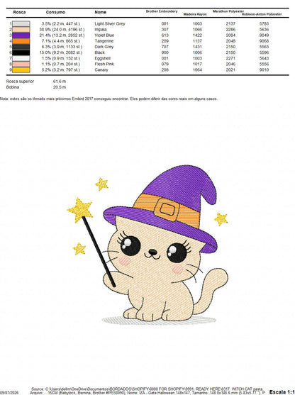 Halloween Cat embroidery design - Kitty with witch hat and magic wand machine embroidery pattern - Baby Pussy cat file - Instant digital download pes jef