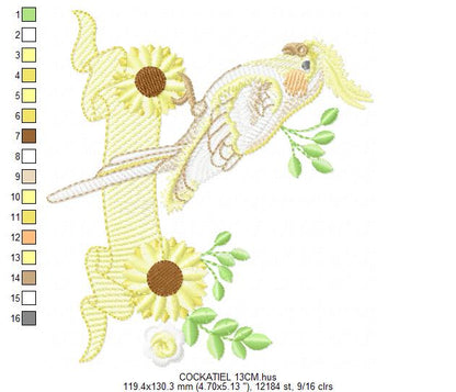 Cockatiel embroidery design - Baby Bird with sunflowers machine embroidery pattern - Kitchen Towel file - Instant digital download pes jef dst hus vp3 vip (Copy) Marcia Embroidery