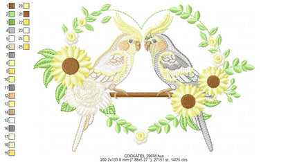 Cockatiel embroidery design - Baby Bird with sunflowers machine embroidery pattern - Kitchen Towel file - Instant digital download pes jef dst hus vp3 vip (Copy) Marcia Embroidery