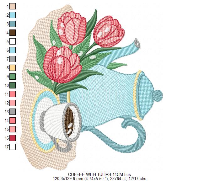 Coffee Cup with flower embroidery designs - Floral Kitchen Towel motiv machine embroidery pattern - Instant digital download pes dst jef hus (Copy) Marcia Embroidery