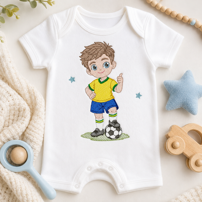 Soccer player embroidery design - School Boy with curly hair machine embroidery file - boy with soccer ball file - Instant digital download