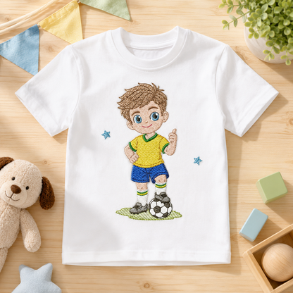 Soccer player embroidery design - School Boy with curly hair machine embroidery file - boy with soccer ball file - Instant digital download
