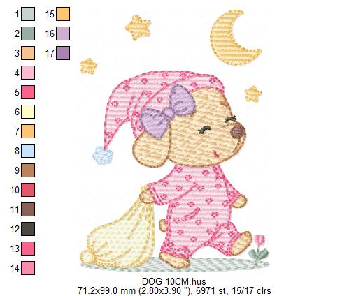 Dog with pajamas embroidery designs - Dog with moon and stars machine embroidery pattern - Baby Girl Puppy file - Instant download - Marcia Embroidery