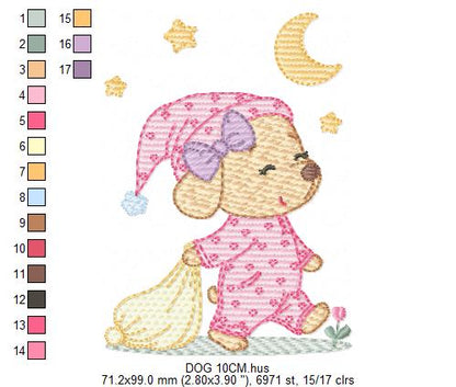 Dog with pajamas embroidery designs - Dog with moon and stars machine embroidery pattern - Baby Girl Puppy file - Instant download - Marcia Embroidery