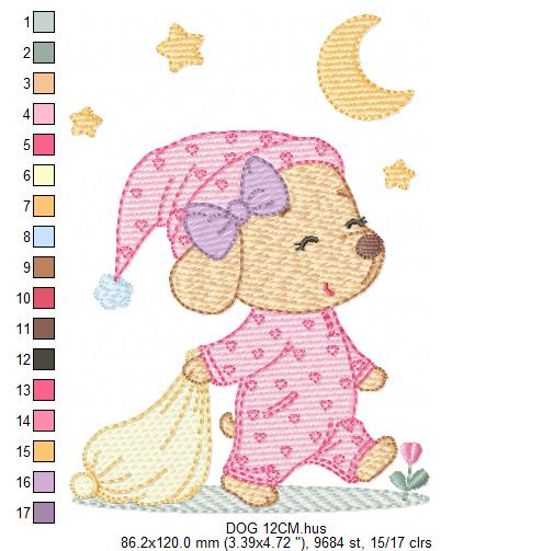 Dog with pajamas embroidery designs - Dog with moon and stars machine embroidery pattern - Baby Girl Puppy file - Instant download - Marcia Embroidery