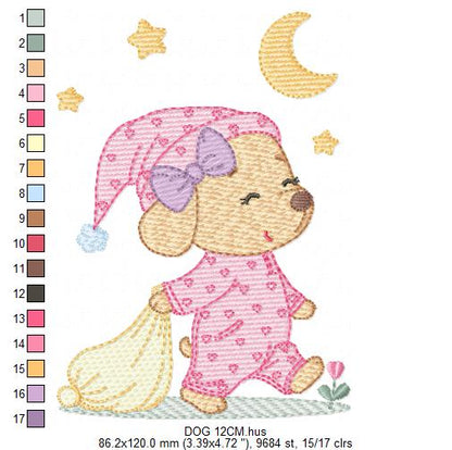 Dog with pajamas embroidery designs - Dog with moon and stars machine embroidery pattern - Baby Girl Puppy file - Instant download - Marcia Embroidery
