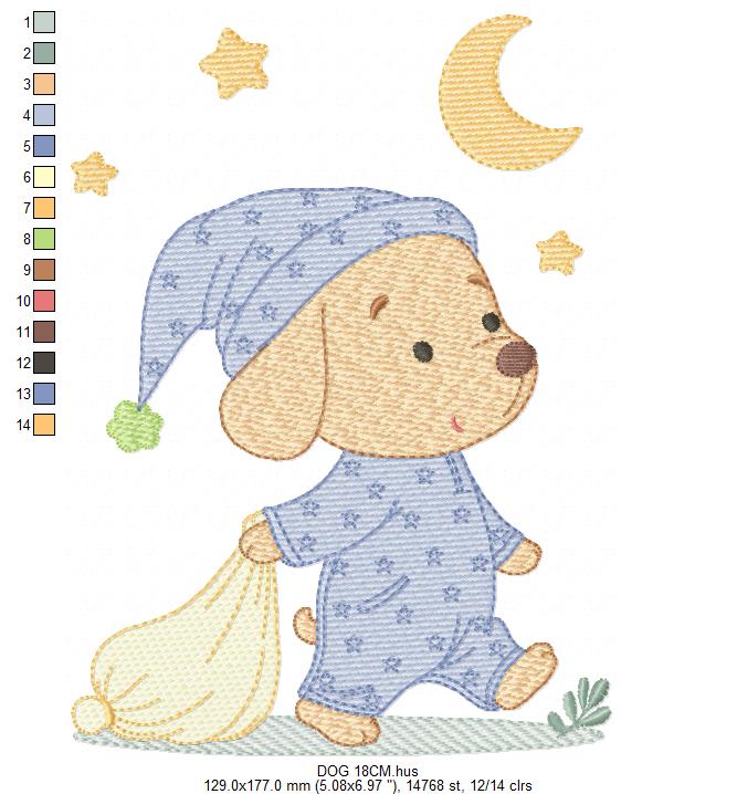 Dog with pajamas embroidery designs - Dog with moon and stars machine embroidery pattern - Baby Boy Puppy file - Instant download - Marcia Embroidery