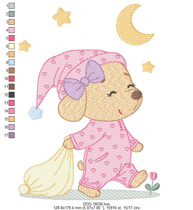 Dog with pajamas embroidery designs - Dog with moon and stars machine embroidery pattern - Baby Girl Puppy file - Instant download - Marcia Embroidery