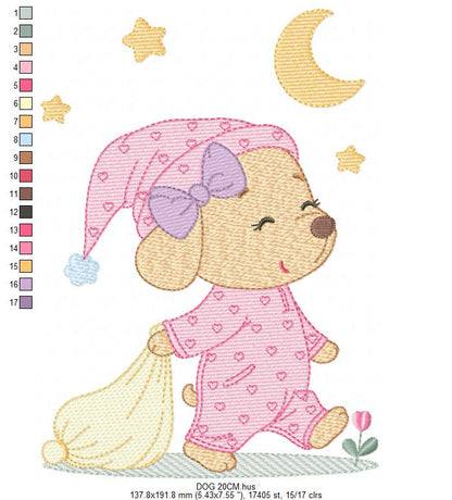 Dog with pajamas embroidery designs - Dog with moon and stars machine embroidery pattern - Baby Girl Puppy file - Instant download - Marcia Embroidery