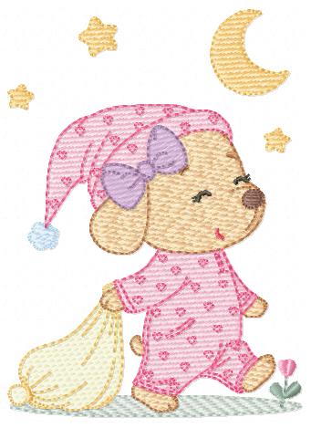 Dog with pajamas embroidery designs - Dog with moon and stars machine embroidery pattern - Baby Girl Puppy file - Instant download - Marcia Embroidery
