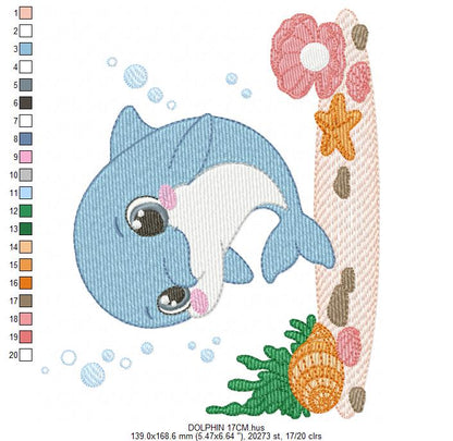 Dolphin embroidery design - Ocean Fish embroidery design machine embroidery pattern - Dolphin with algae embroidery - delicate sea animal (Copy)