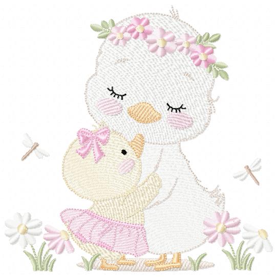 Mama Duck and Baby embroidery design - Lake water animal with flowers machine embroidery pattern - Baby boy file - Instant digital download pes jef