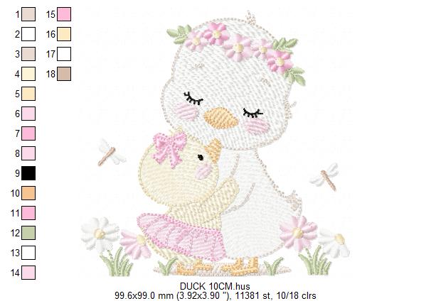 Mama Duck and Baby embroidery design - Lake water animal with flowers machine embroidery pattern - Baby boy file - Instant digital download pes jef