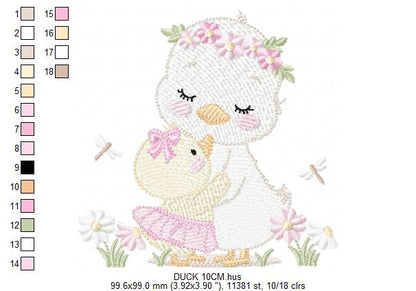 Mama Duck and Baby embroidery design - Lake water animal with flowers machine embroidery pattern - Baby boy file - Instant digital download pes jef